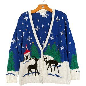 Vintage Izod Handknit Cardigan Sweater Christmas Winter Blue Green Reindeer M